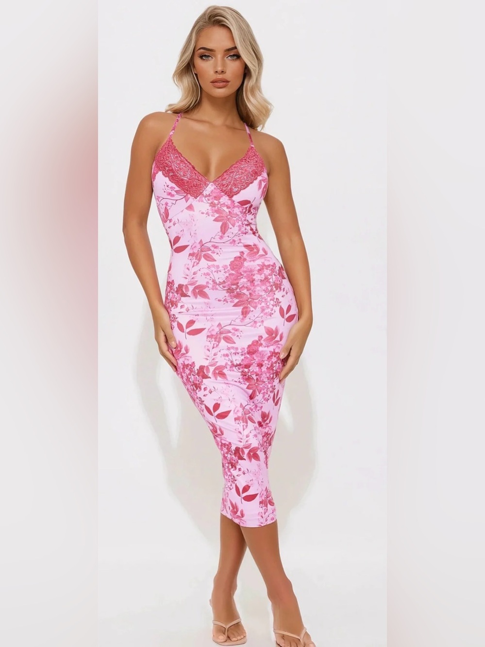 Fashion Nova Pink Floral Lace-Trim Midi Dress